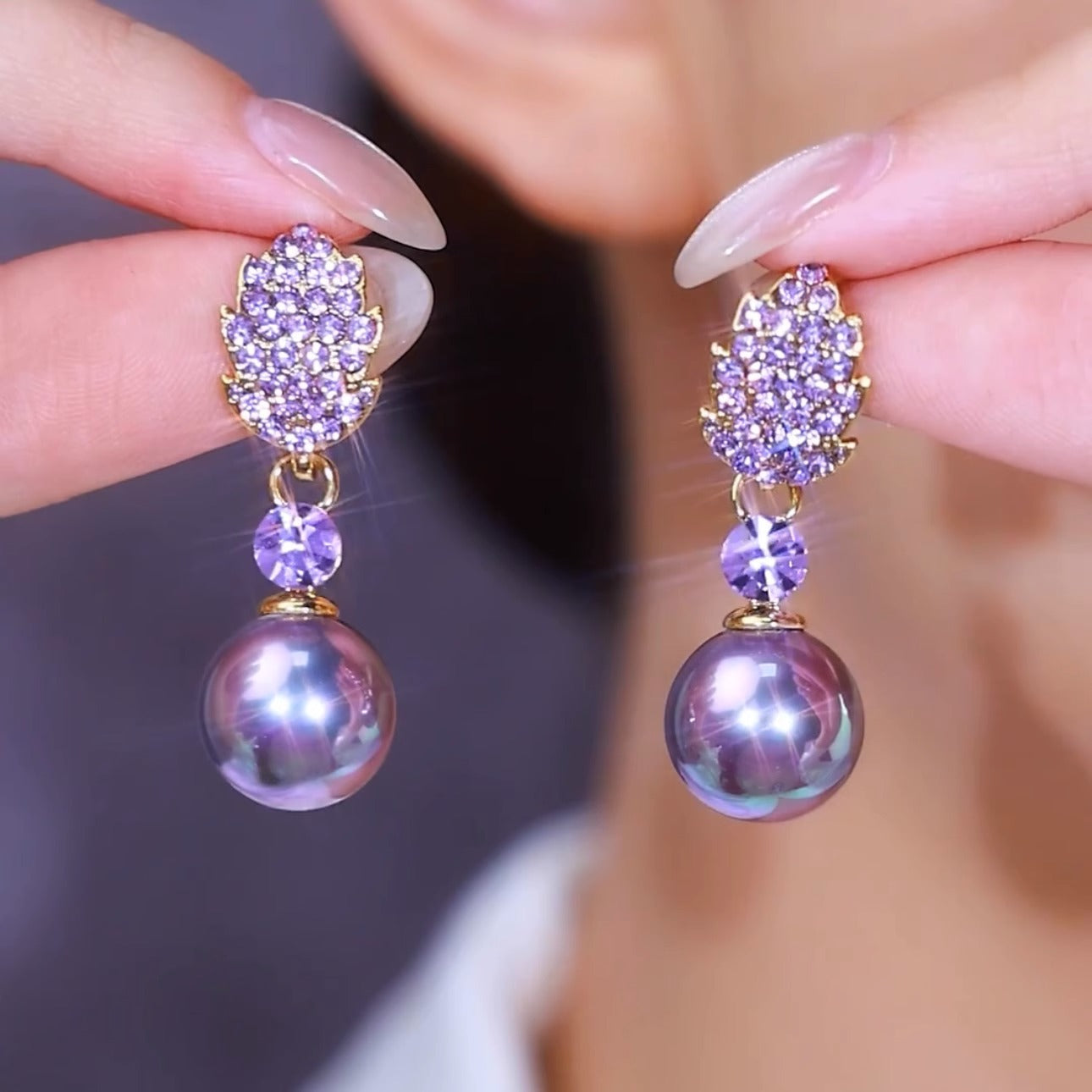 Purple Full Diamond Leaf Pearl Earrings S925 Silver Needle Female Accessories
