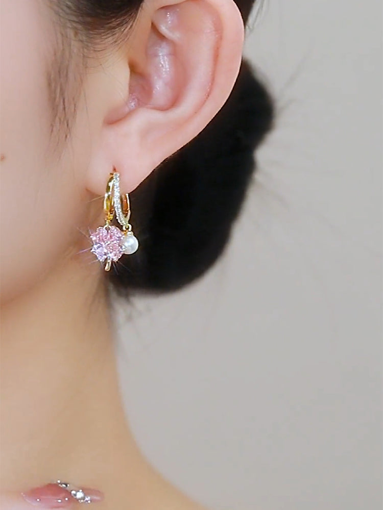 Exquisite Pink Crystal Clover Pearl Earrings Women's Accessories