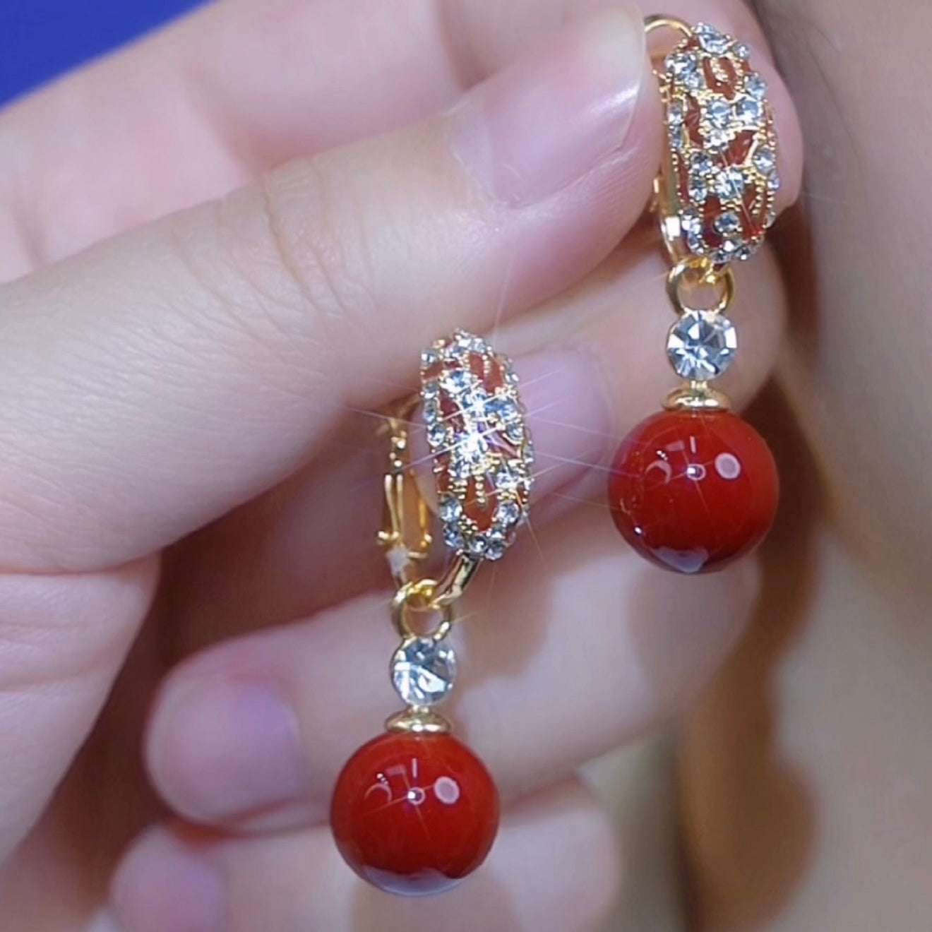 Red Bead Earrings Design Zircon Silver Needle Studs