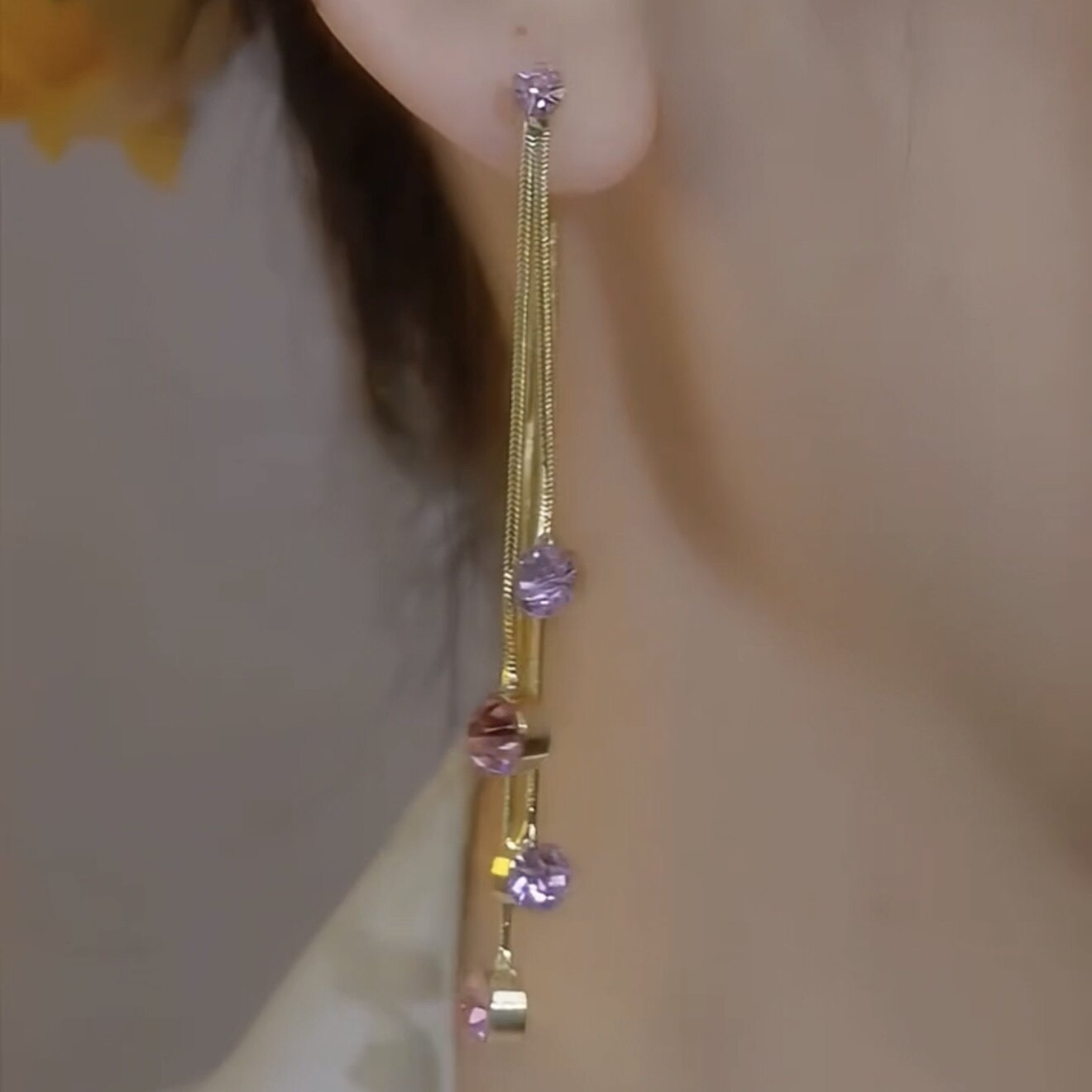 Long Tassel Earrings with Purple Crystal Spheres