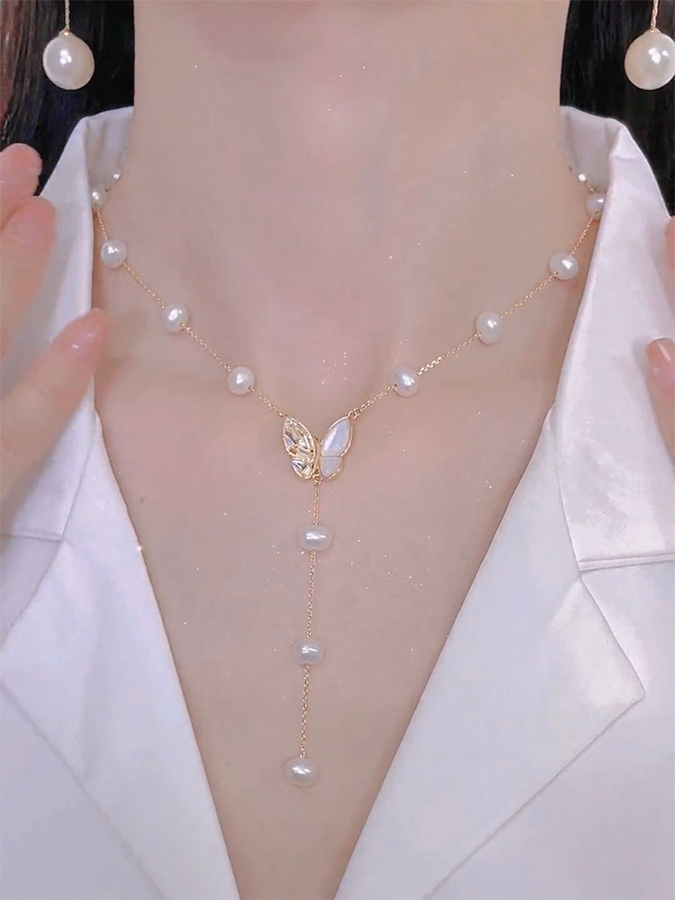 Super Fairy Butterfly Tassel Necklace Pearl Collarbone Chain