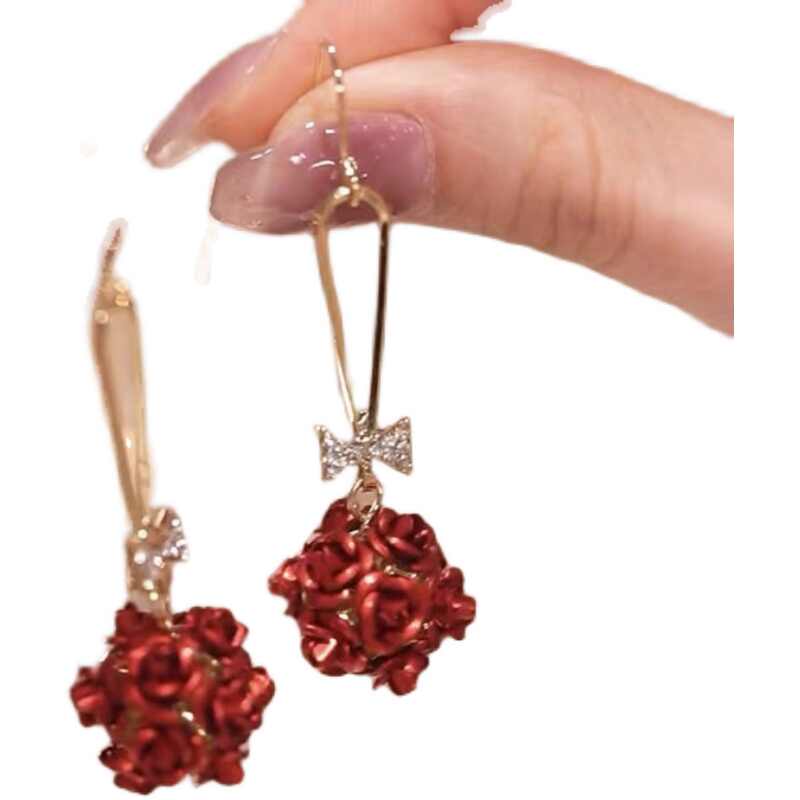 Long Red Rose Drop Earrings for Women – Elegant Floral Statement Earrings