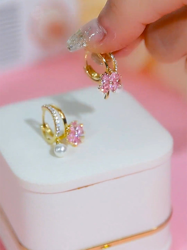 Exquisite Pink Crystal Clover Pearl Earrings Women's Accessories
