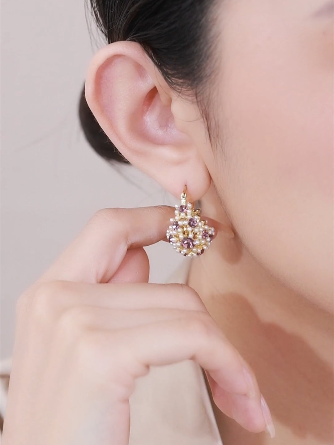 Flower Millet Bead Purple Diamond Basket Flower Earrings