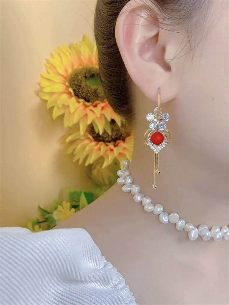 Design Red Beaded Flower Tassel Earrings