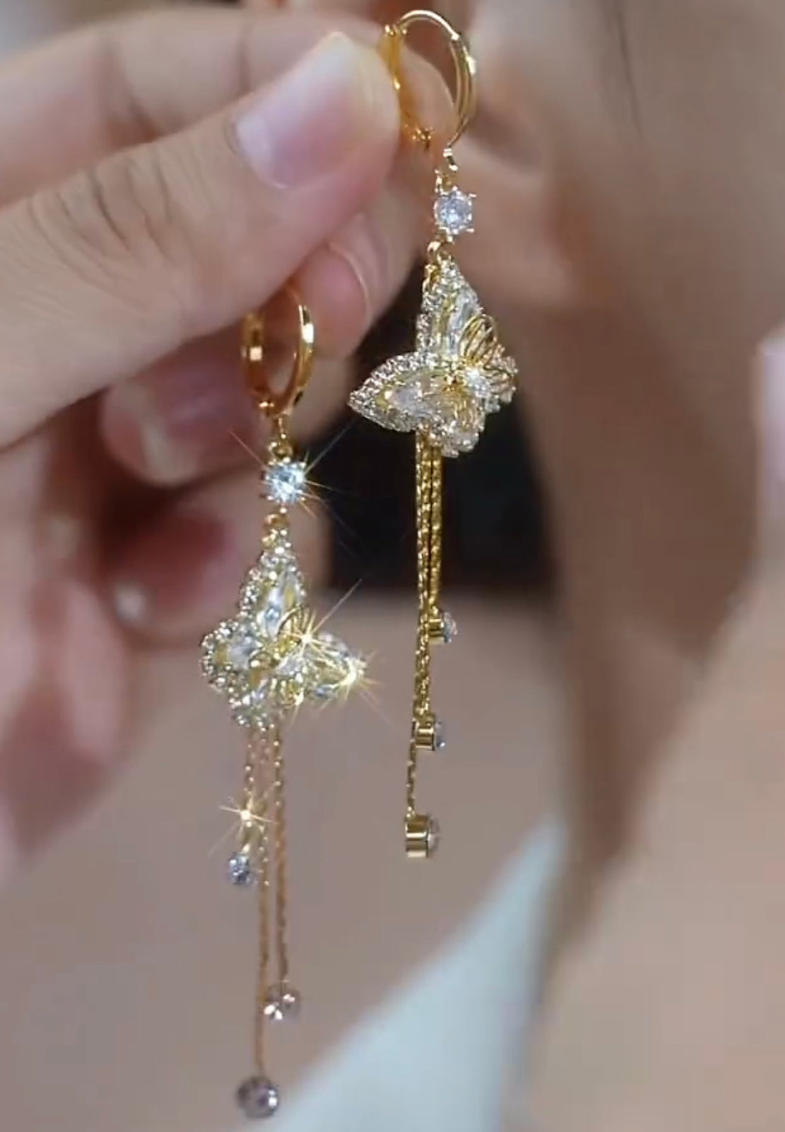 Micro-Inlaid Butterfly Earrings Autumn And Winter Long Retro Tassel Female French Earrings