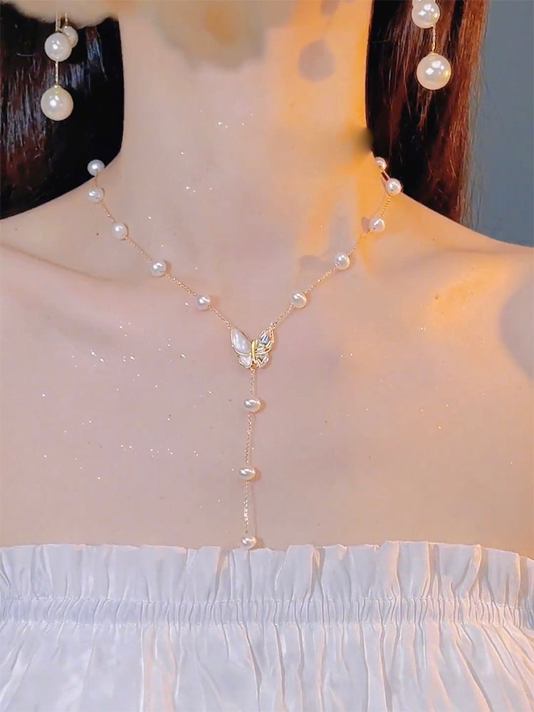 Super Fairy Butterfly Tassel Necklace Pearl Collarbone Chain