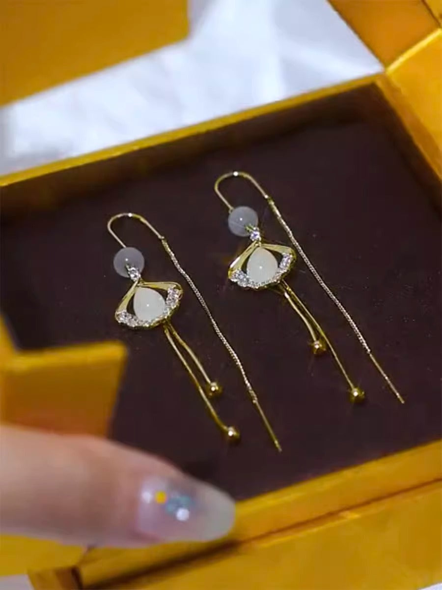 Women's Silver Needle Long Tassel Earrings Ginkgo Leaf Ear Wire