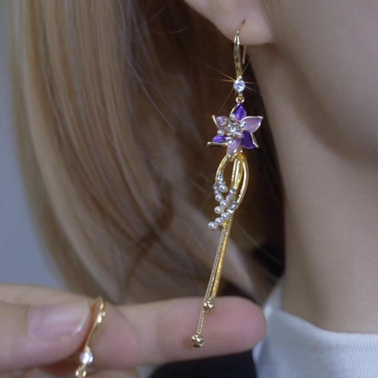 Purple Rhinestone-Embellished Floral Tassel Drop Earrings