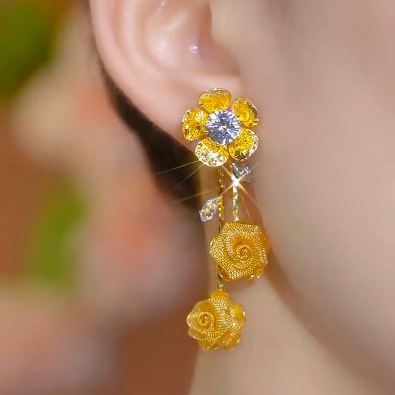 Elegant Gold Sequined Mesh Long Diamond Earrings for Women