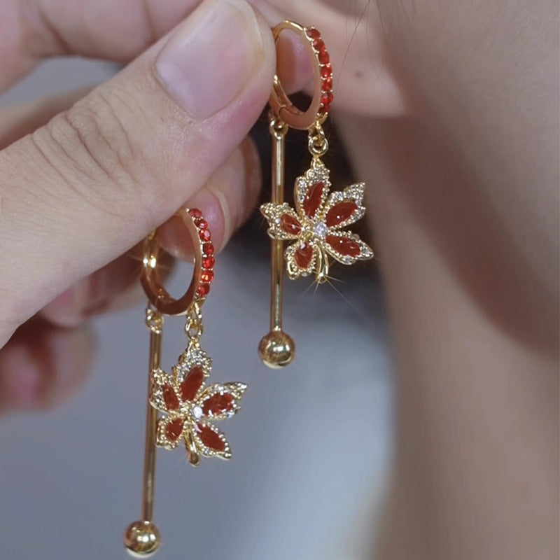Red Zircon Maple Leaf Earrings Women'S Long Autumn And Winter Accessories