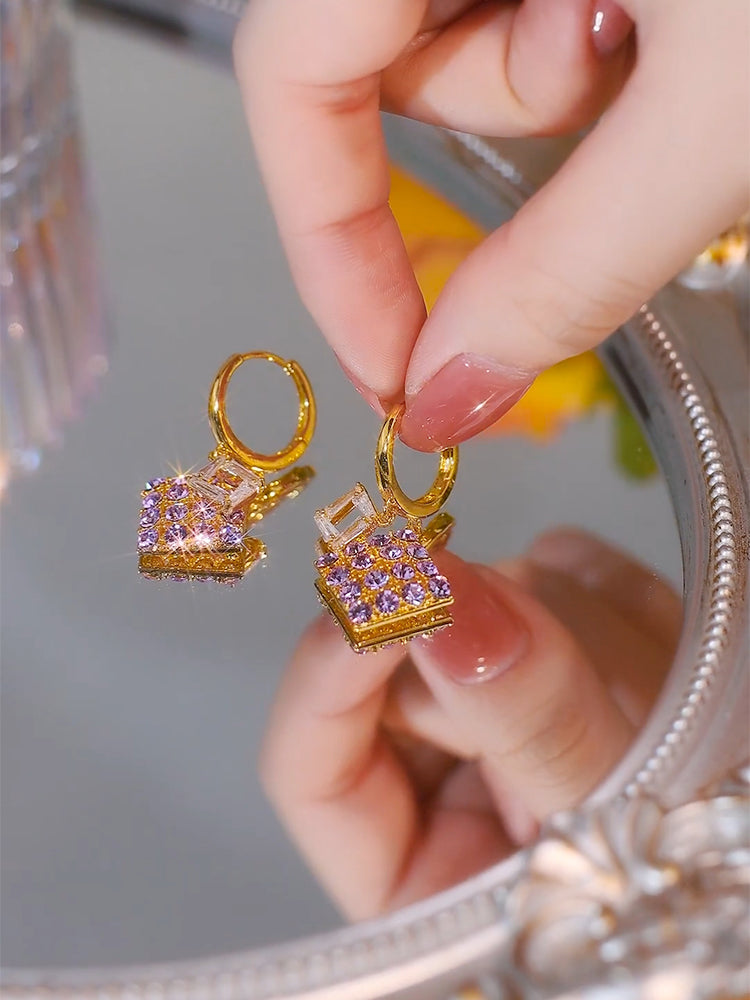 Purple Crystal Rhombus Tassel Earrings For Women