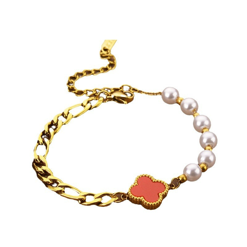 Pearl Four-leaf Clover Titanium Steel Bracelet Women's Fashion Bracelet