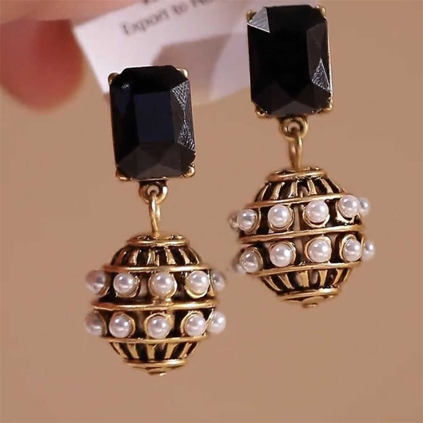 Black Agate Sugar Cube Pearl Ball Pendant Earrings for Women