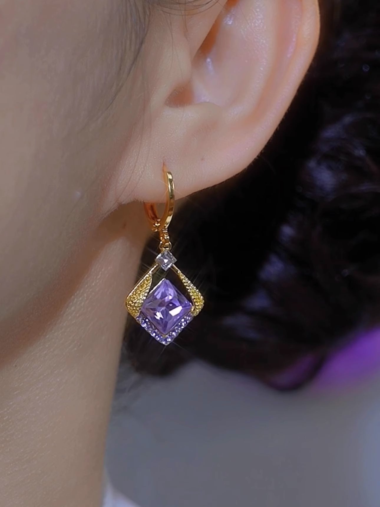 Purple Crystal Rhombus Full Diamond Earrings Fashion Jewelry