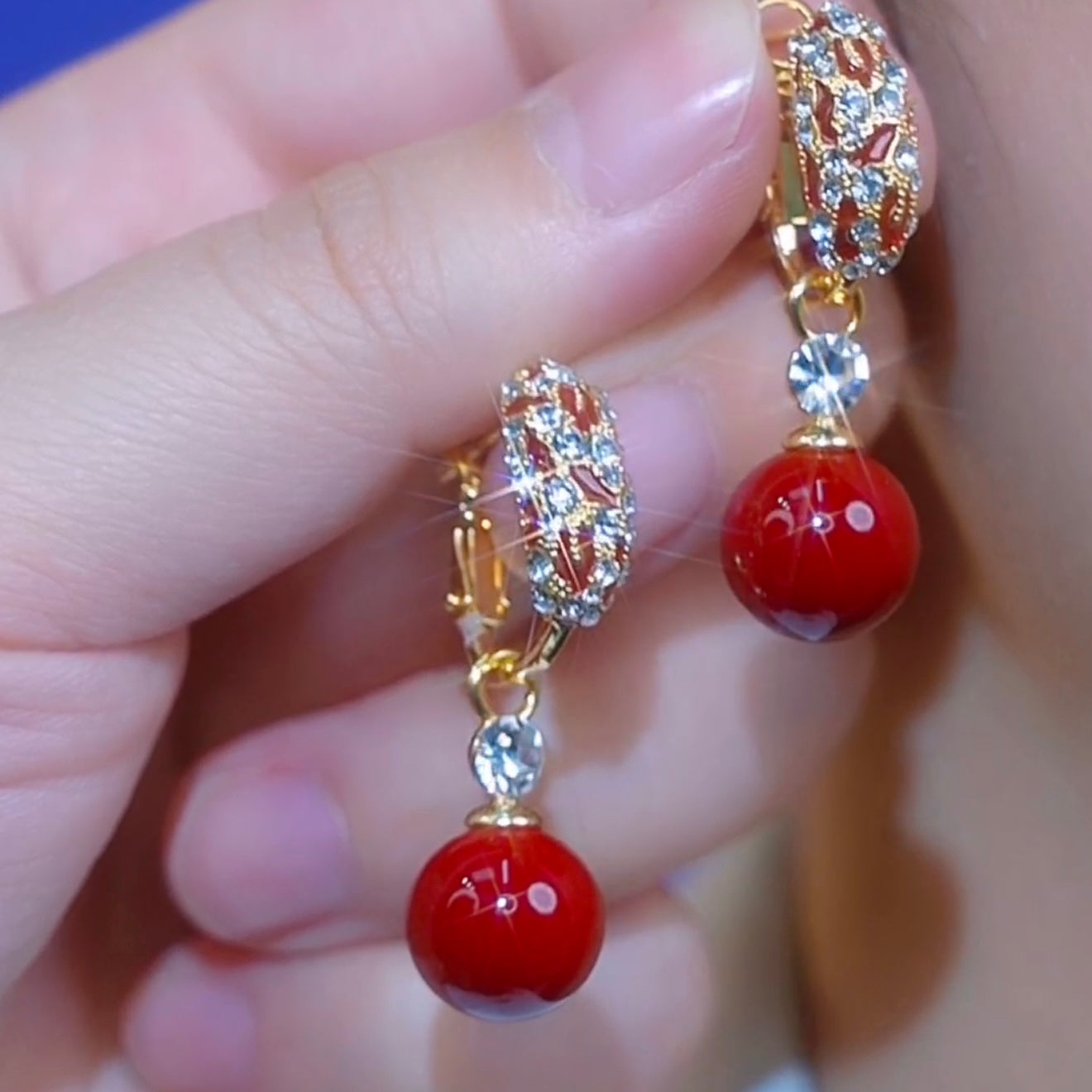 Red Bead Earrings Design Zircon Silver Needle Studs
