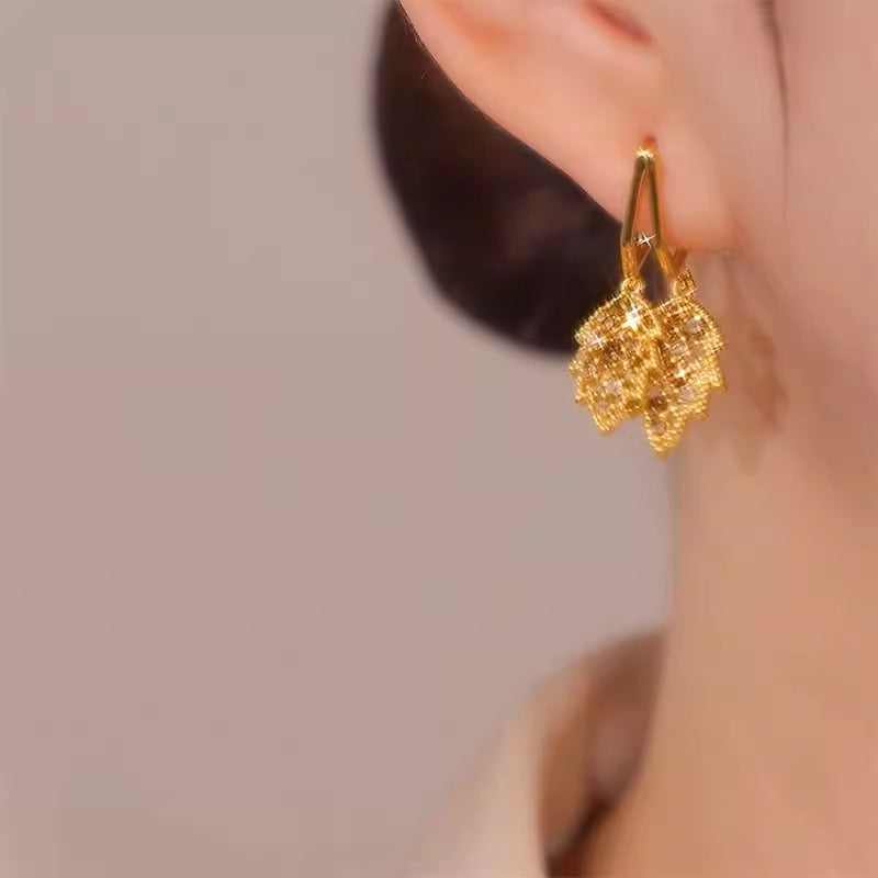 Gold Diamond Leaf Earrings With Silver Needle For Women