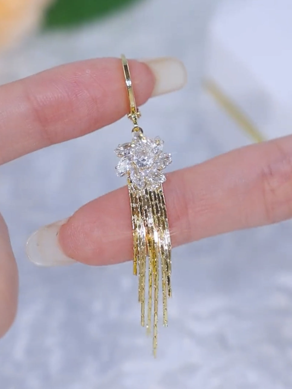 Zircon Flower Long Tassel Earrings