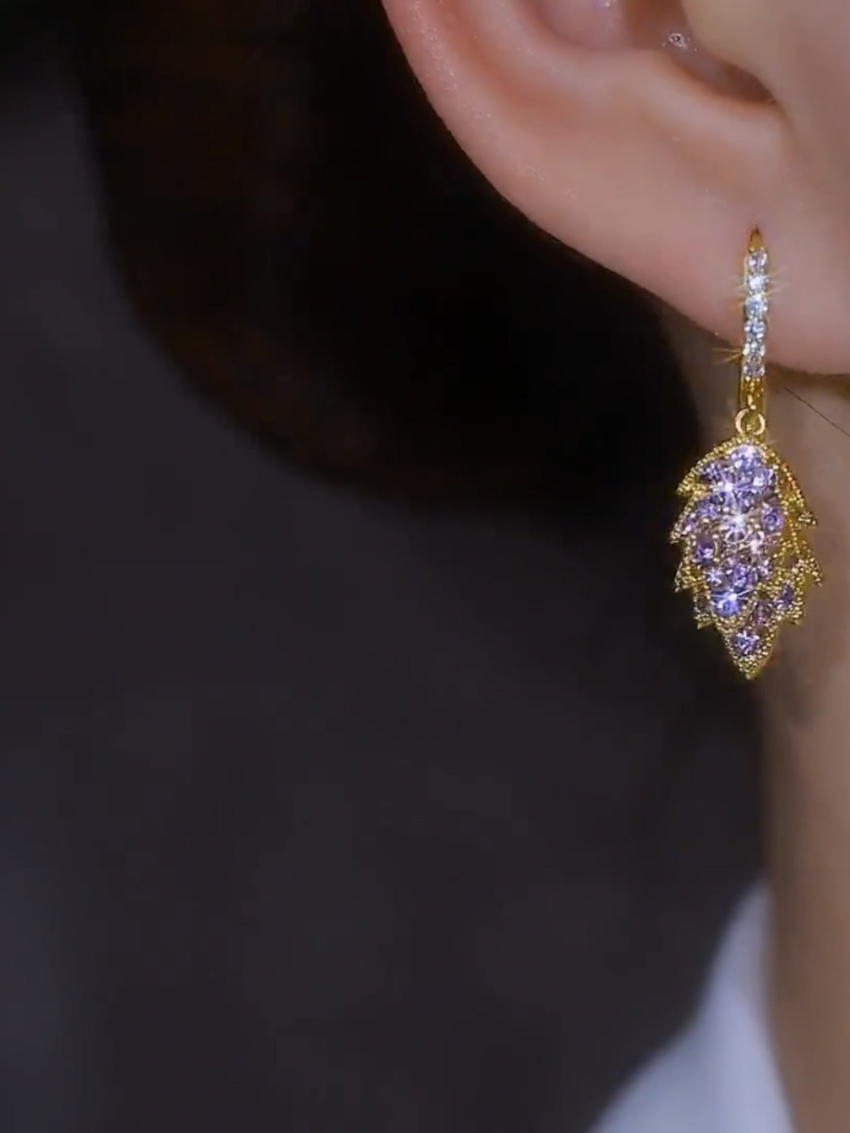 Golden Branches and Jade Leaf Earrings High-end Purple Diamond Leaf Earrings