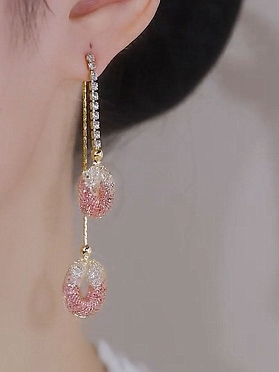 Mesh Hollow Pink Crystal Tassel Earrings