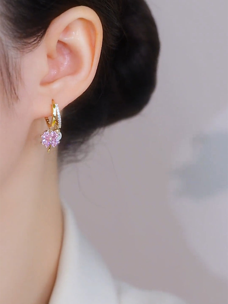Exquisite Pink Crystal Clover Pearl Earrings Women's Accessories