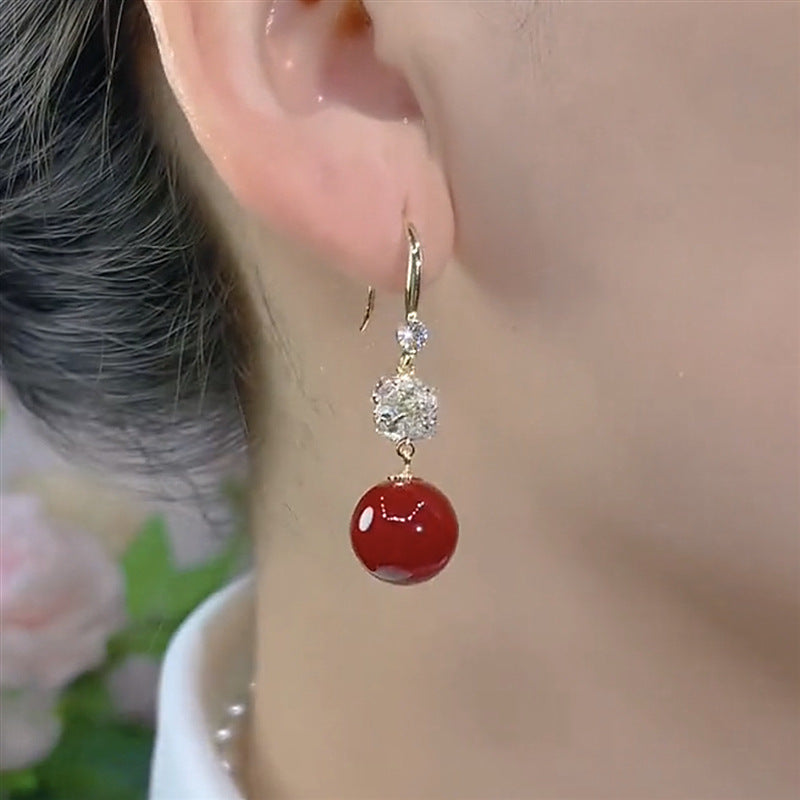 Vintage Red Pearl Earrings S925 Silver Needle Earrings