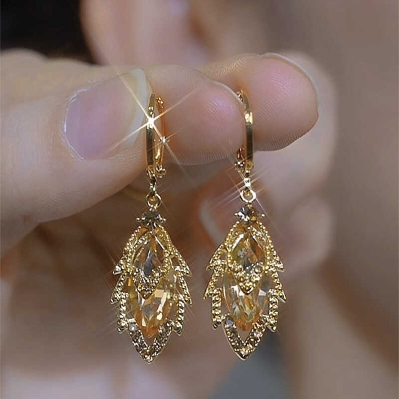 Golden Branches And Jade Leaves Champagne Color Full Diamond Leaf Earrings