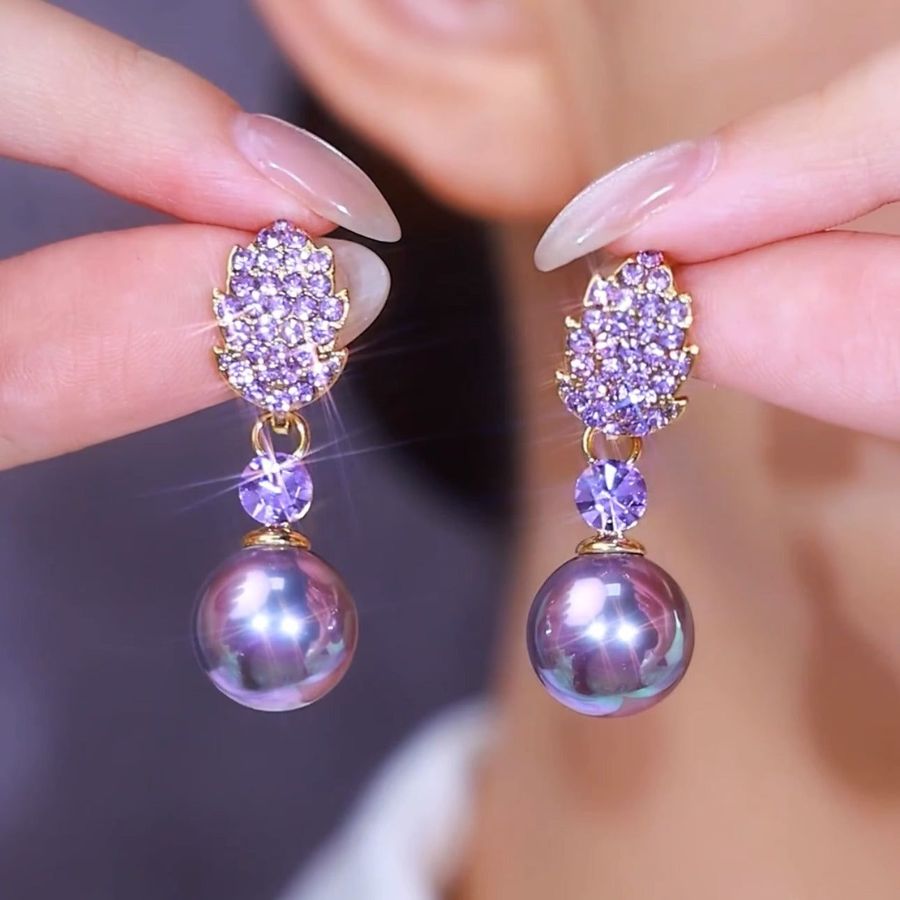 Purple Full Diamond Leaf Pearl Earrings S925 Silver Needle Female Accessories