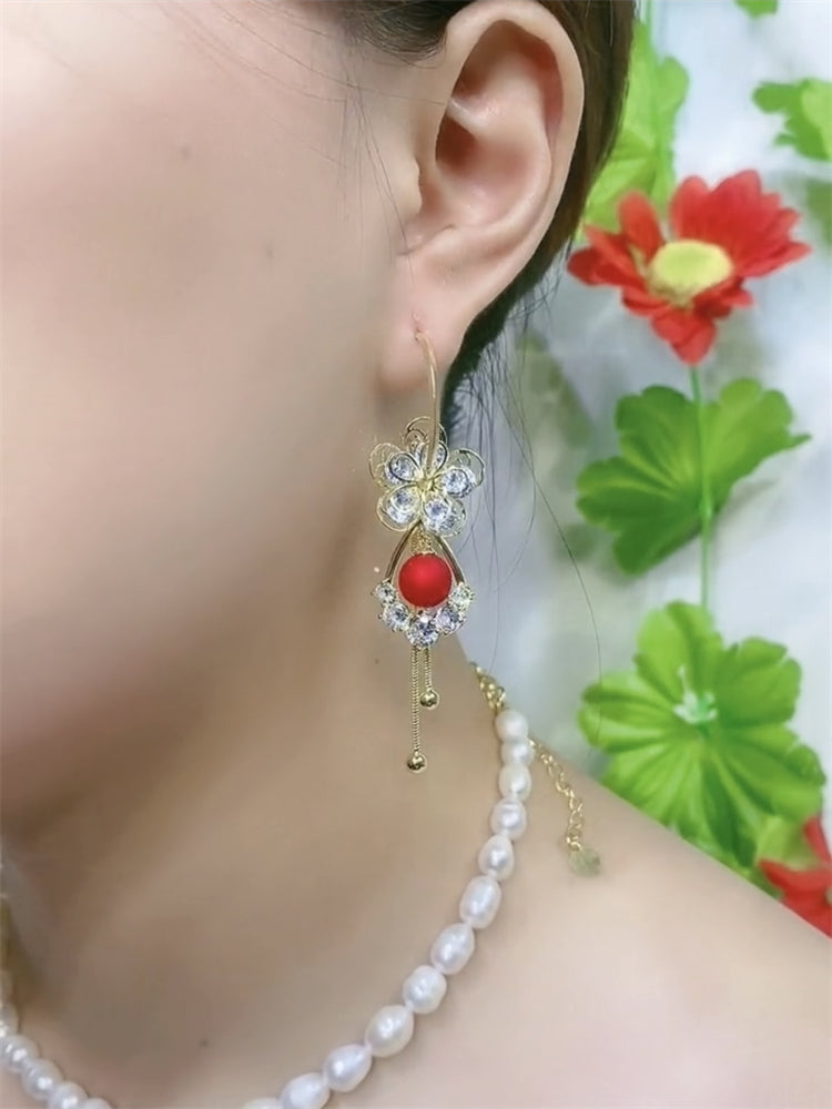 Design Red Beaded Flower Tassel Earrings
