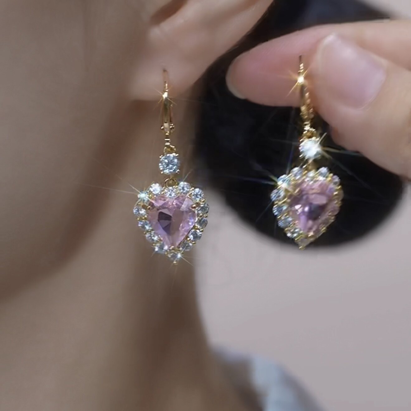 Pink Crystal Heart Hoop Earrings – Sparkling Rhinestone Elegant Luxury Jewelry