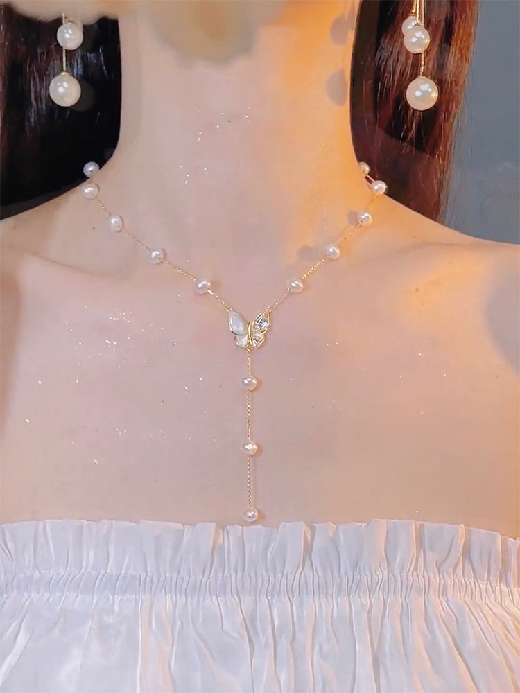 Super Fairy Butterfly Tassel Necklace Pearl Collarbone Chain