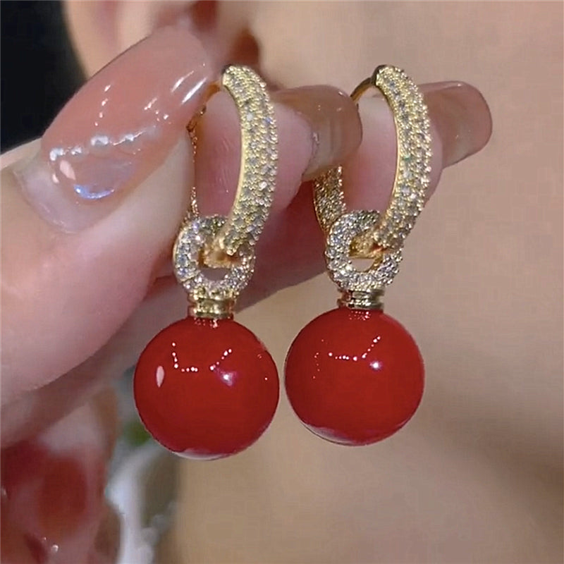 Fashionable and Exquisite Micro-inlaid Red Pearl And Zircon Earrings