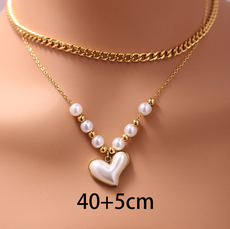 Fashionable Women'S Titanium Steel Imitation Pearl Beaded Layered Necklace