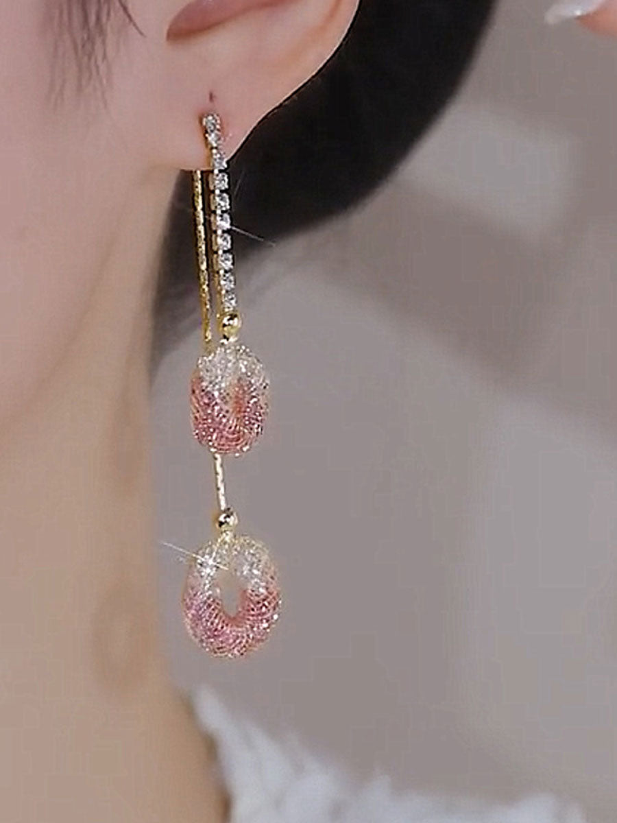 Mesh Hollow Pink Crystal Tassel Earrings