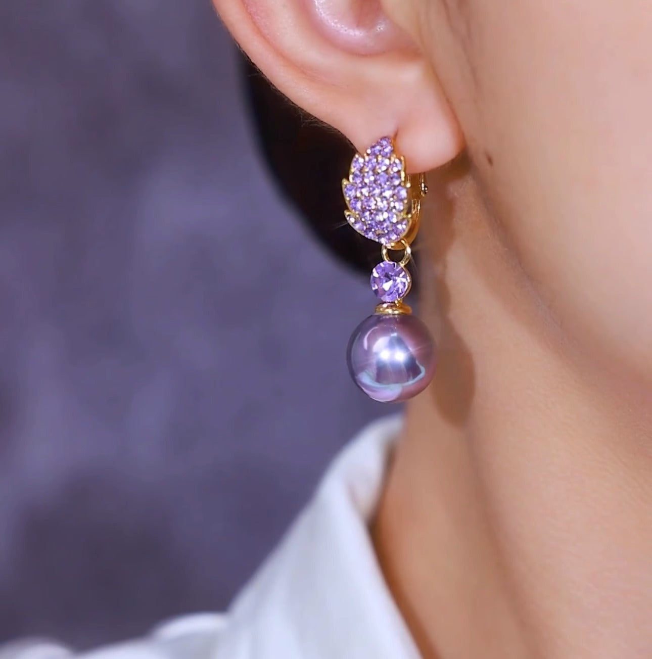 Purple Full Diamond Leaf Pearl Earrings S925 Silver Needle Female Accessories
