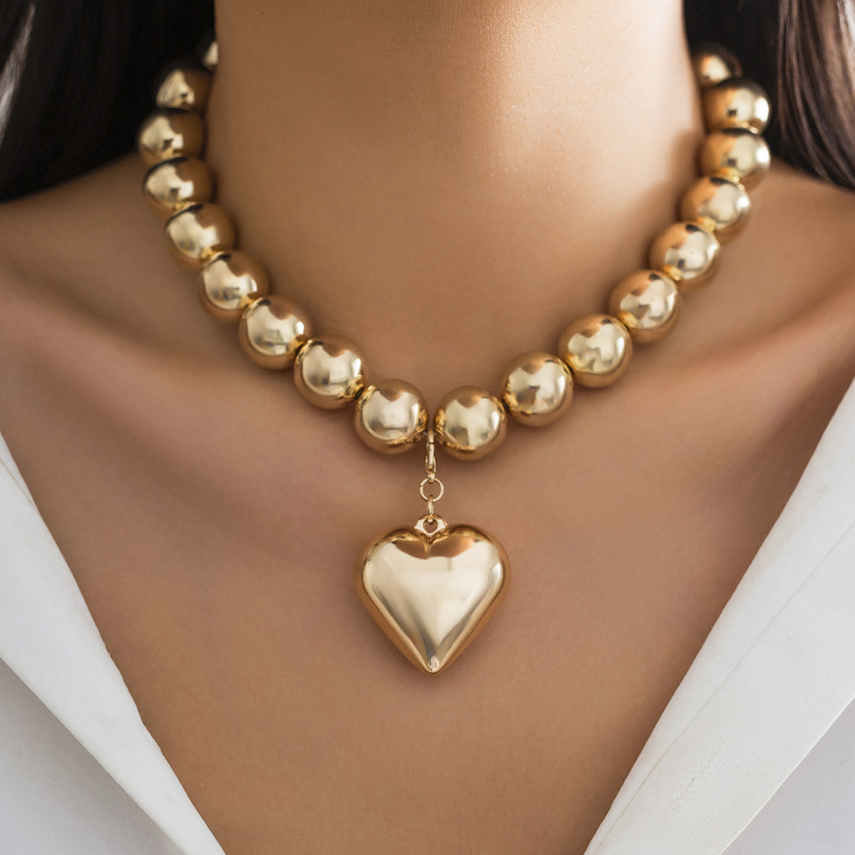 Large Round Bead Punk Collar Clavicle Chain Geometric Bead Necklace For Women