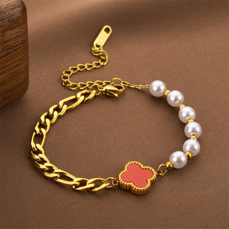 Pearl Four-leaf Clover Titanium Steel Bracelet Women's Fashion Bracelet