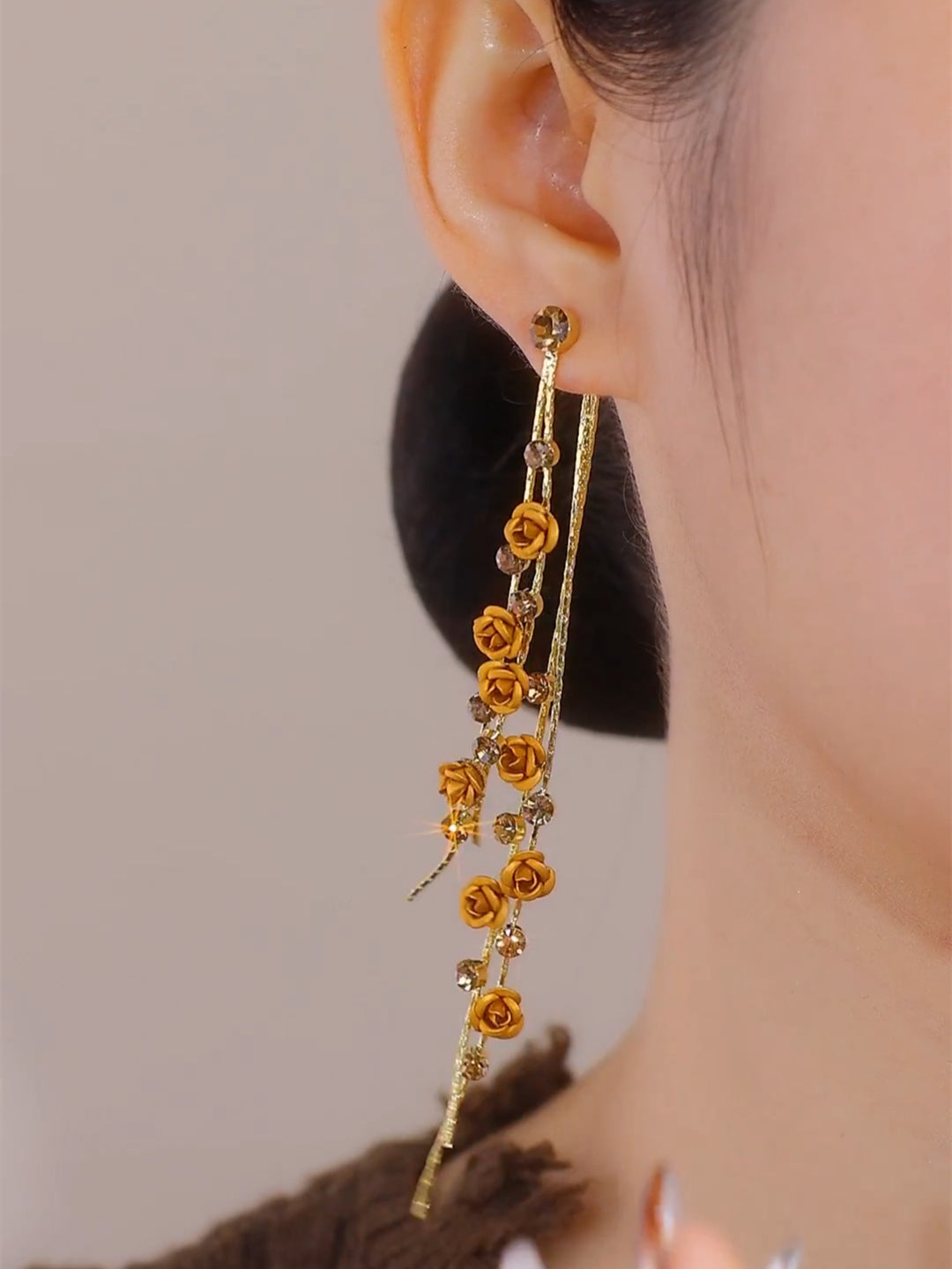 Long Brown Rose Tassel Earrings for Women