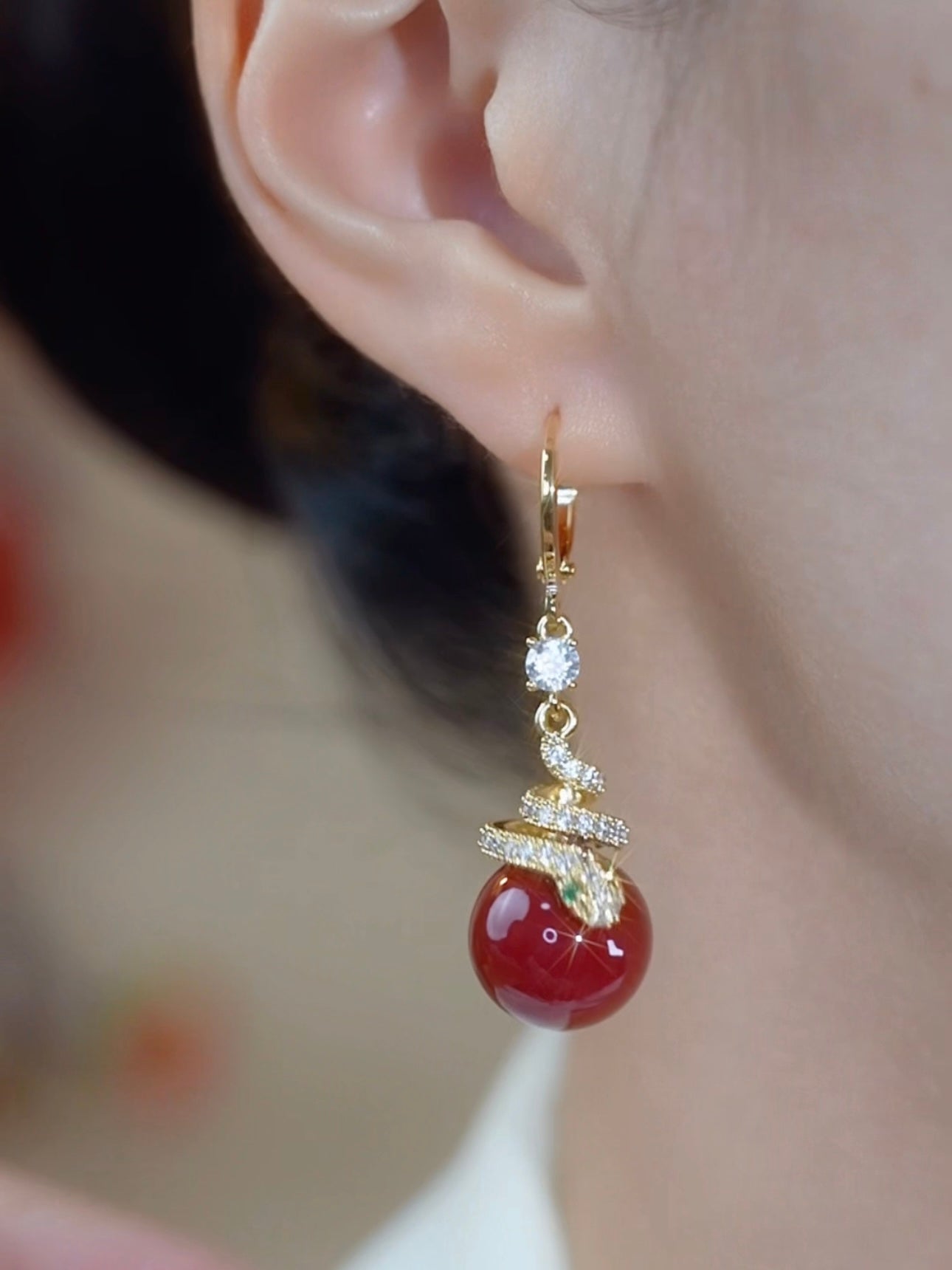 Women's Retro Red Pearl Snake Earrings
