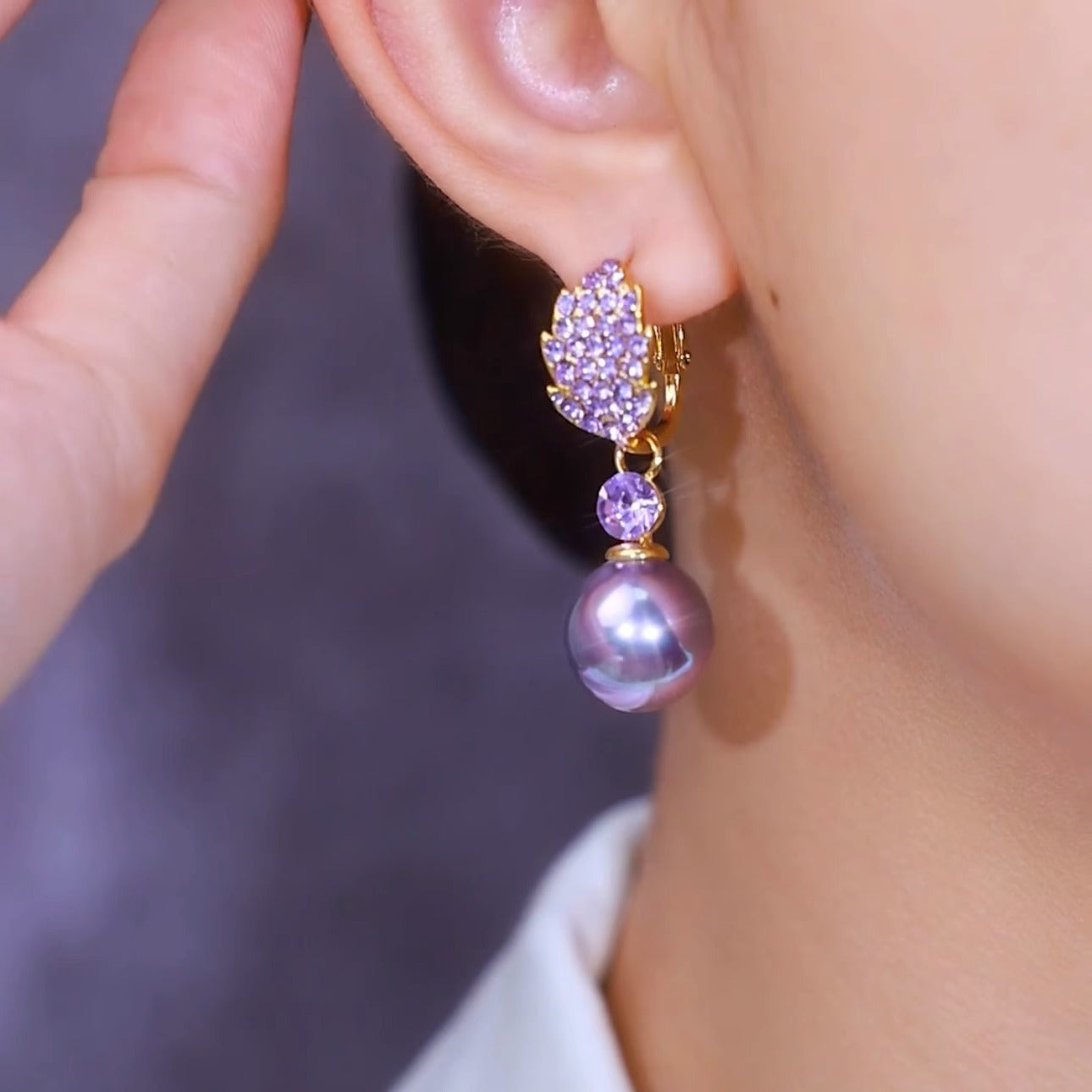 Purple Full Diamond Leaf Pearl Earrings S925 Silver Needle Female Accessories