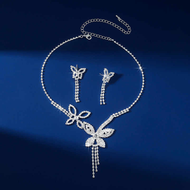 Butterfly Tassel Rhinestone Necklace + Earrings Two Piece Wedding Dress Accessories
