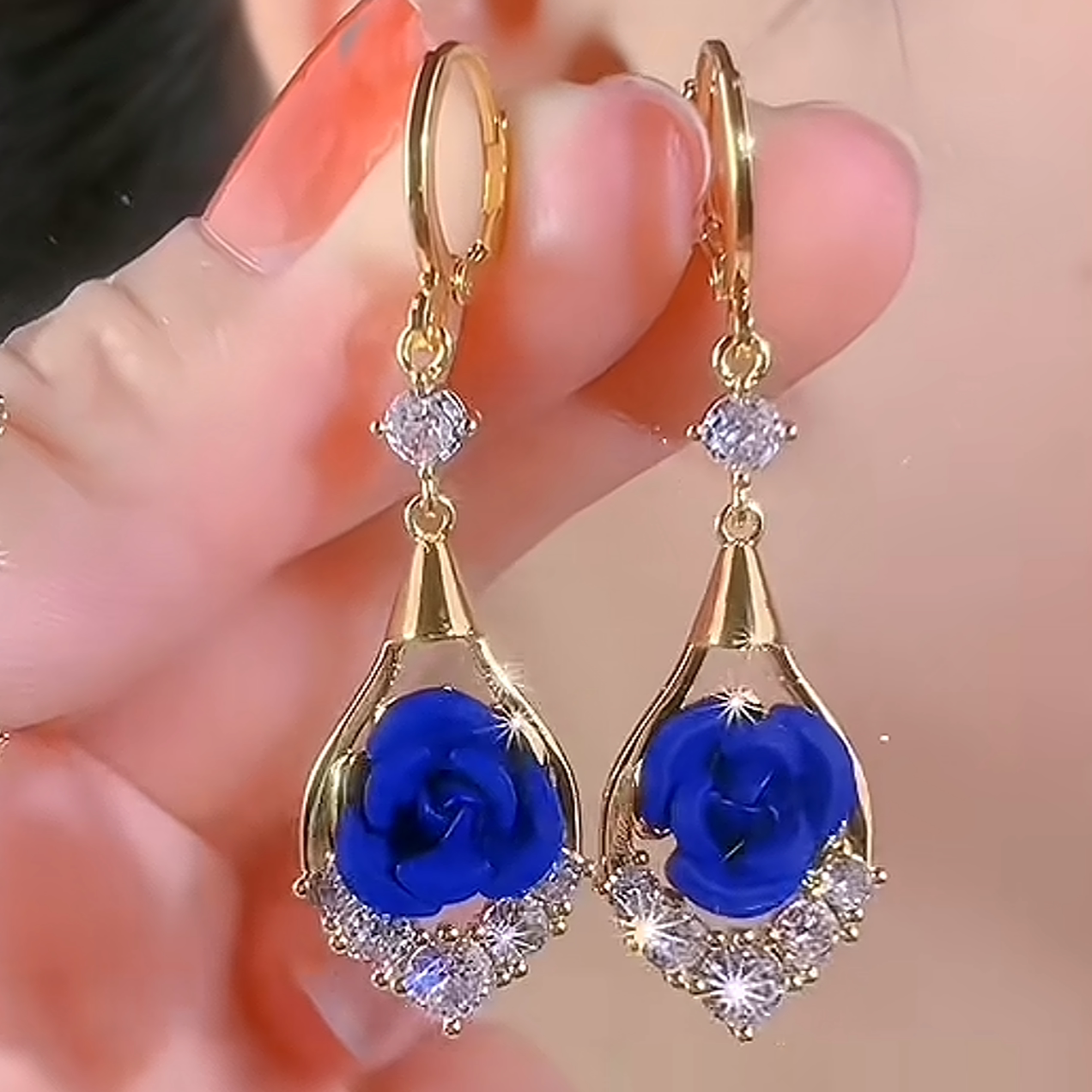 Elegant And Sophisticated Diamond-encrusted Blue Rose Earrings