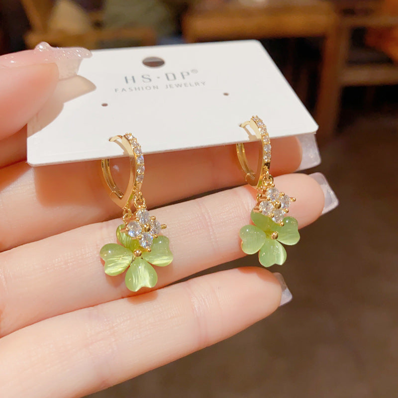 Women'S Green Four-Leaf Flower Zircon Earrings
