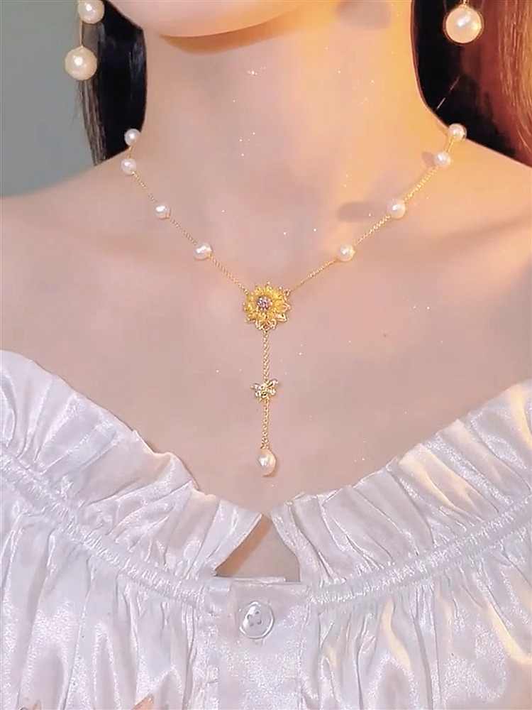 Sunflower Flower Starry Pearl Necklace Women's Accessories