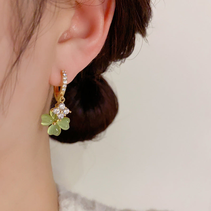 Women'S Green Four-Leaf Flower Zircon Earrings