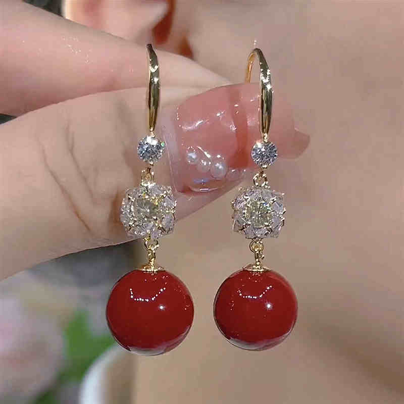 Vintage Red Pearl Earrings S925 Silver Needle Earrings