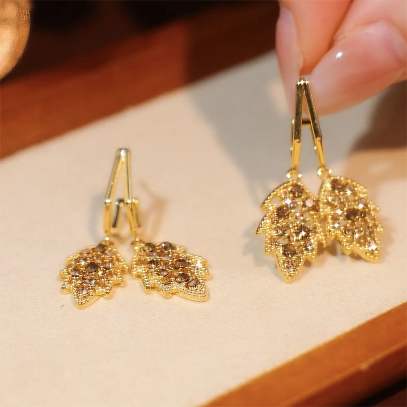 Gold Diamond Leaf Earrings With Silver Needle For Women