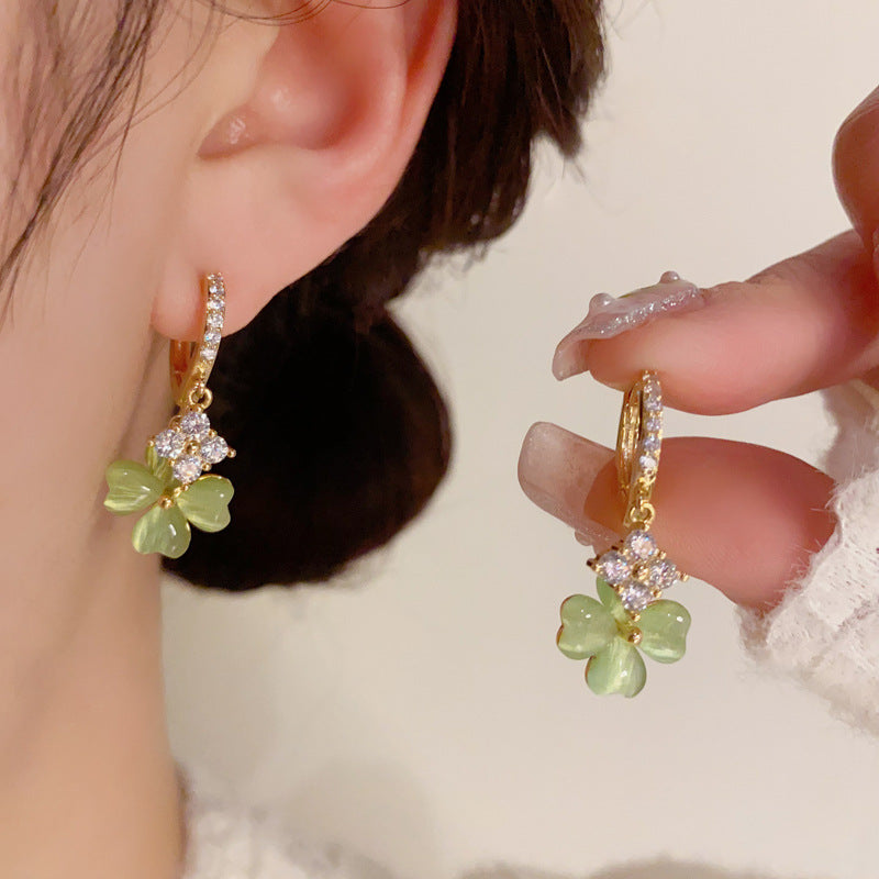 Women'S Green Four-Leaf Flower Zircon Earrings
