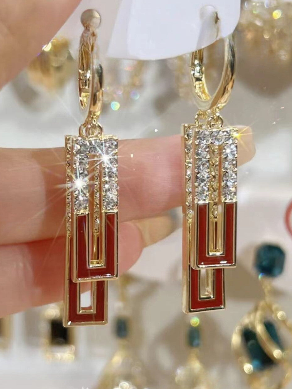 Design Retro Red Glaze Splicing Diamond Geometric Earrings For Women
