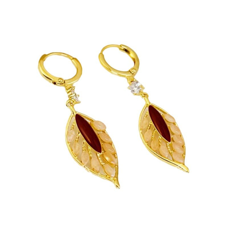Red Vintage Cat'S Eye Stone Leaf Earrings Jade Leaf Earrings